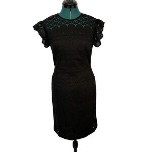 Trina Turk Dress Womens 4 Black Lace Sheath‎ Ruffle Sleeve Cocktail Party Formal